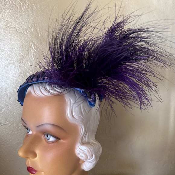 FASCINATING 1950s\' COCTAIL HAT - PURPLE SEQUINS + FEATHERS main image 10